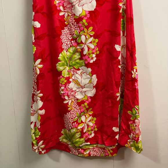 1960s Vintage Hawaiian M red white green tropical maxi dress REEF hibiscus - Picture 3 of 7